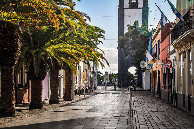 Palm Trees Leading To Archway Of Iglesia de Nuestra Señora de la Concepción In Santa Cruz de Tenerife, Spain